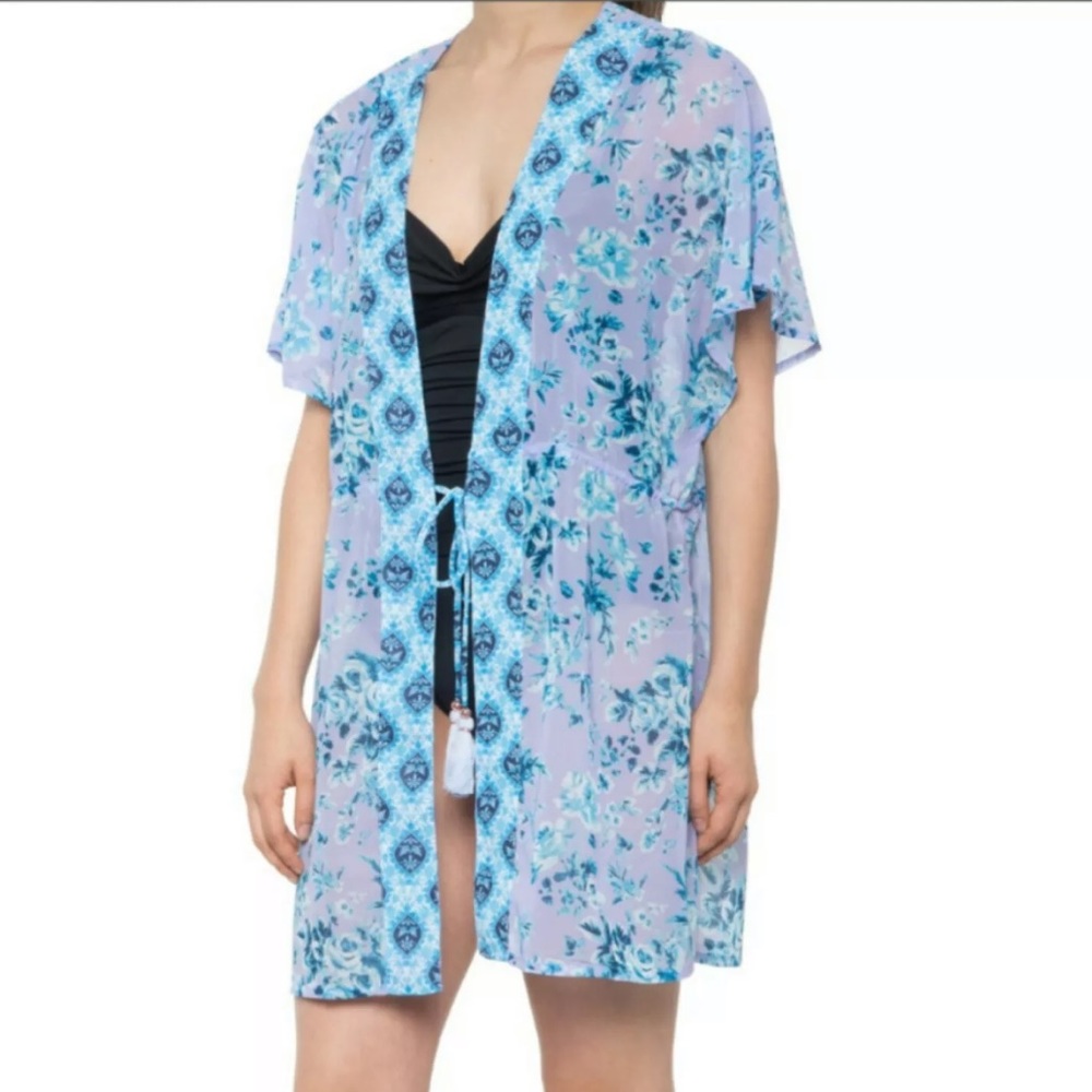 NANETTE LEPORE NWT KAYLA TIE FRONT KAFTAN COVER UP SWIM DRESS PURPLE BLUE DRESS - Picture 1 of 7